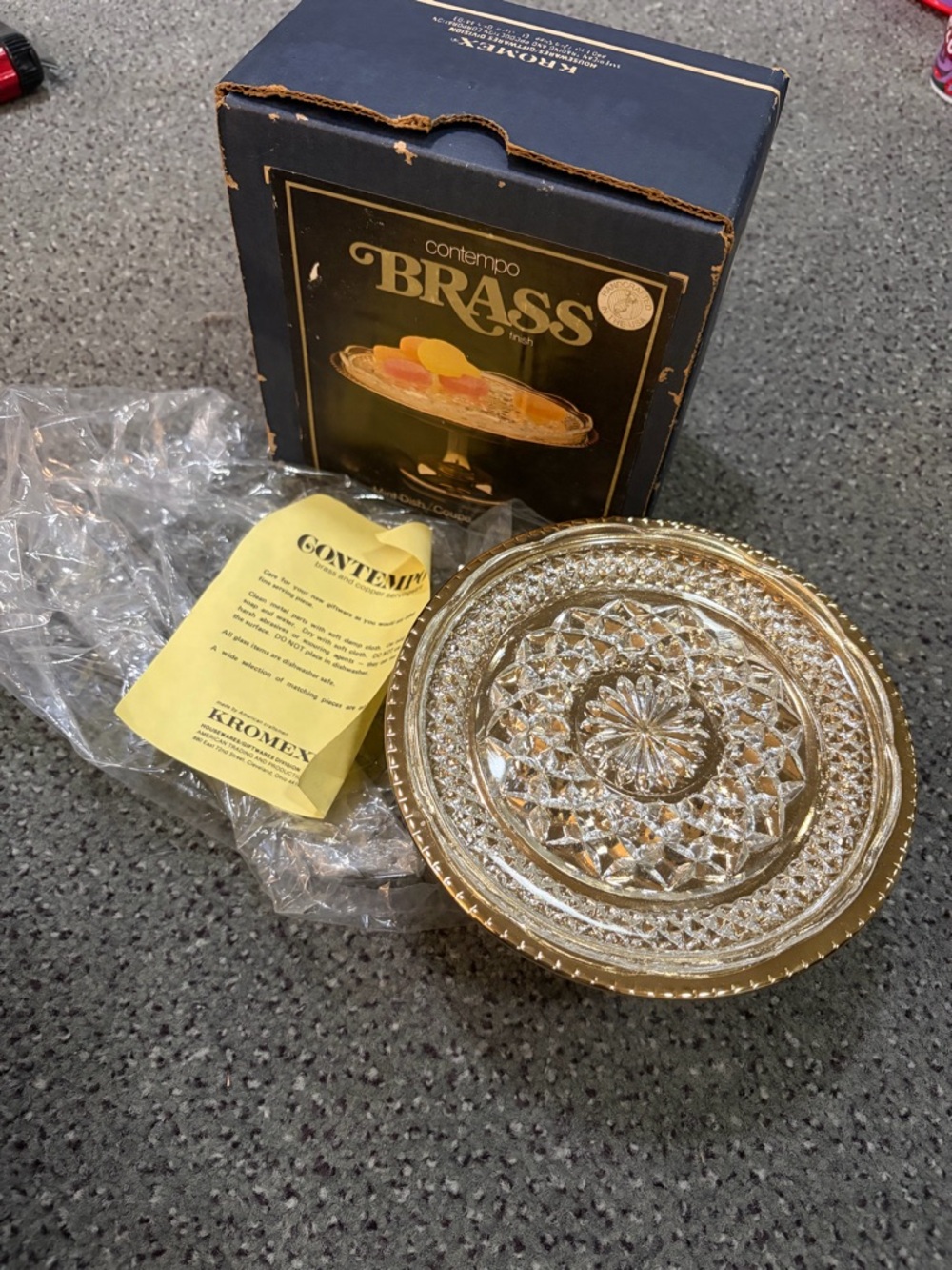 Contempo Brass Glass Serving Plate with Gold Rim